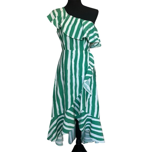 Flying Tomato Dresses & Skirts - Flying Tomato Small Green and White Striped One-Shoulder Ruffle Hi-Low Dress